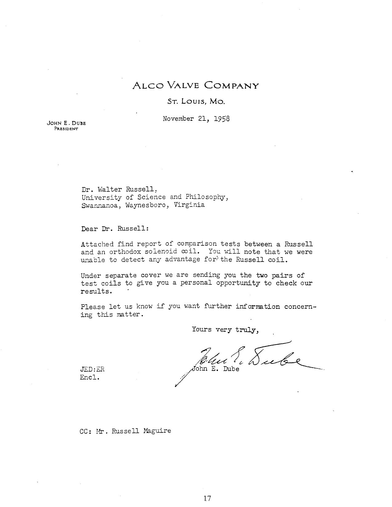 Scan of Dube's letter of November 21, 1958 on Alco Valve Company letterhead.