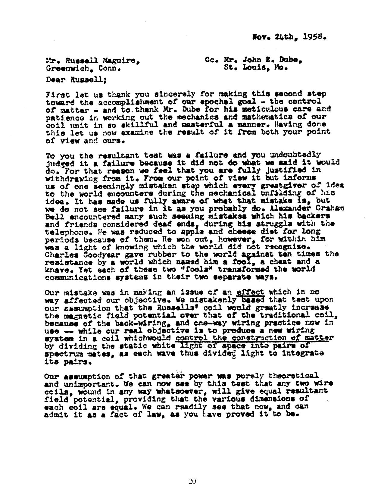 Scan of the first page of the Russells' letter of November 24, 1958.